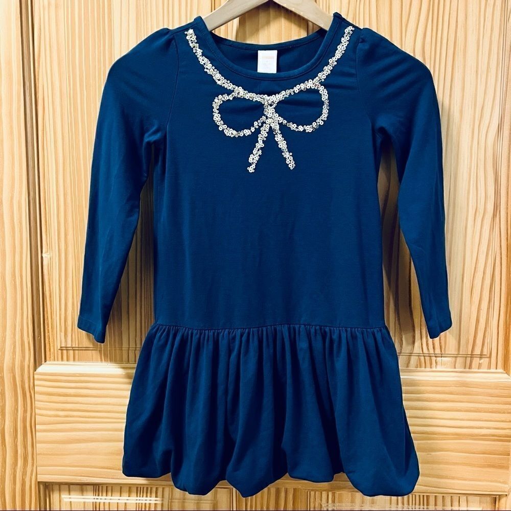 Gymboree navy blue sparkly sequin bow neck detail bubble skirt casual knit dress